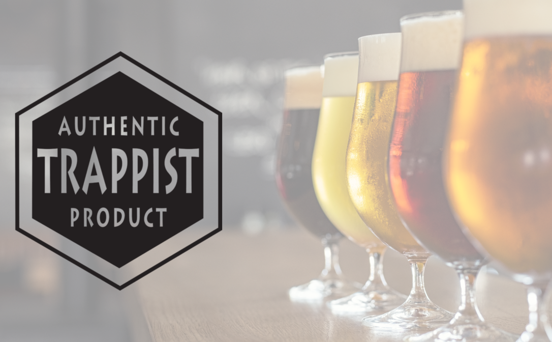 A background of beer glasses, with the Authentic Trappist Product logo at the front